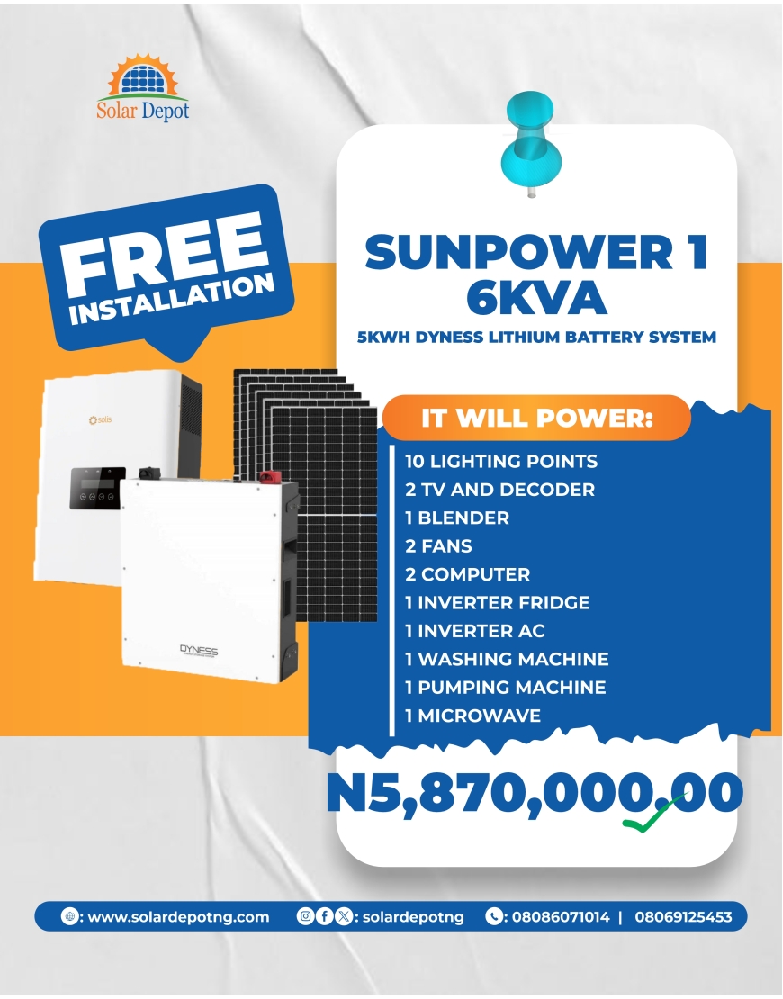 --------SunPower 1 Package--------  6KVA Inverter  5KWH Lithium Battery  6 x 565W Solar Panels  Roof Rack Accessories